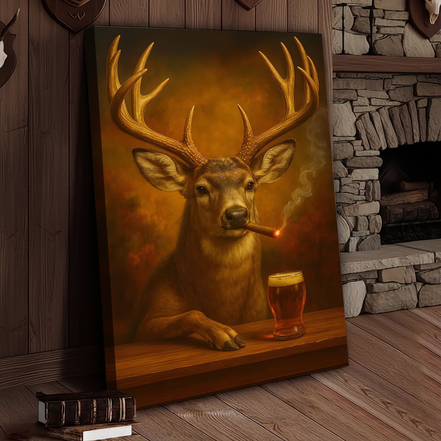 Muke Deer With Smoking & Cocktail Glasses Canvas – Funny Hunting Lodge Wall Art Perfect Gift for Hunters & Cocktail Glas
