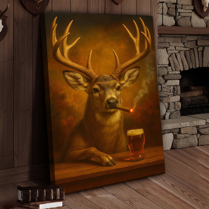 Muke Deer With Smoking & Cocktail Glasses Canvas – Funny Hunting Lodge Wall Art Perfect Gift for Hunters & Cocktail Glas