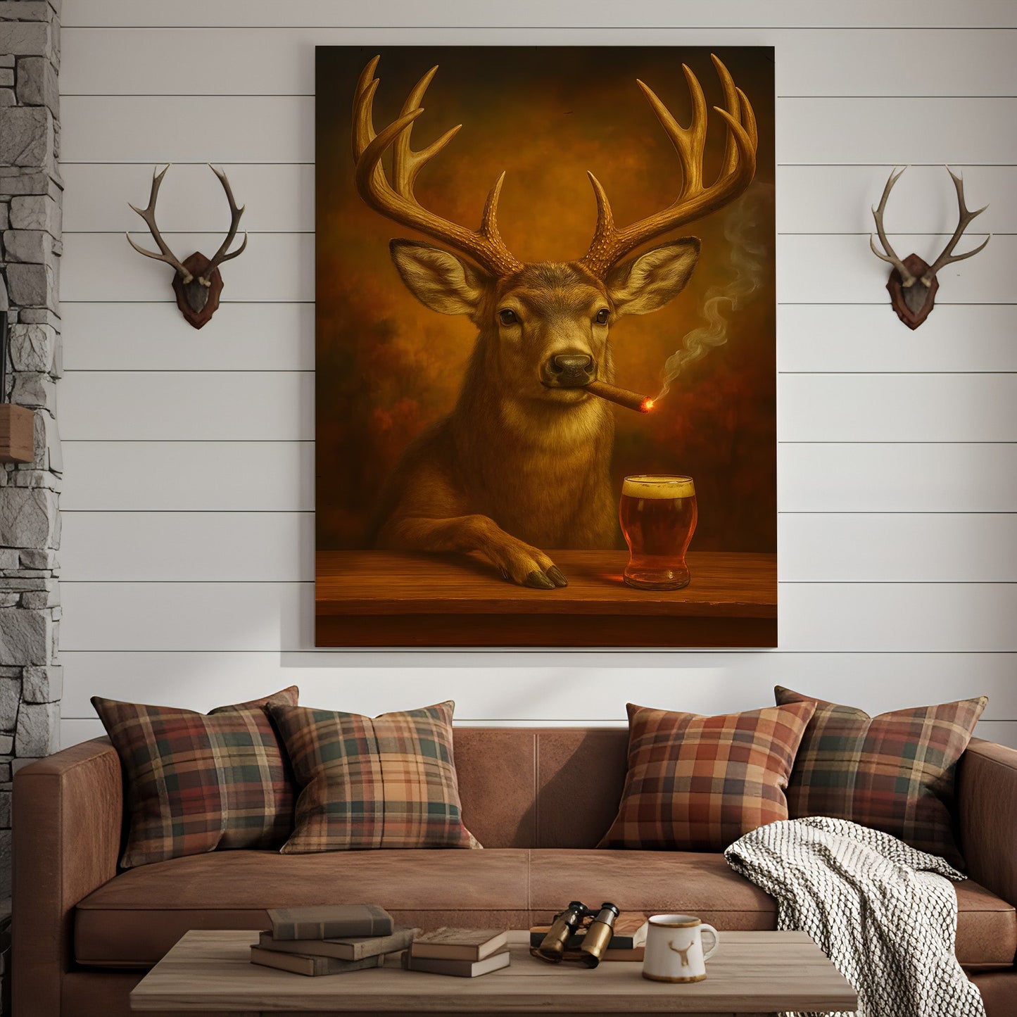 Muke Deer With Smoking & Cocktail Glasses Canvas – Funny Hunting Lodge Wall Art Perfect Gift for Hunters & Cocktail Glas