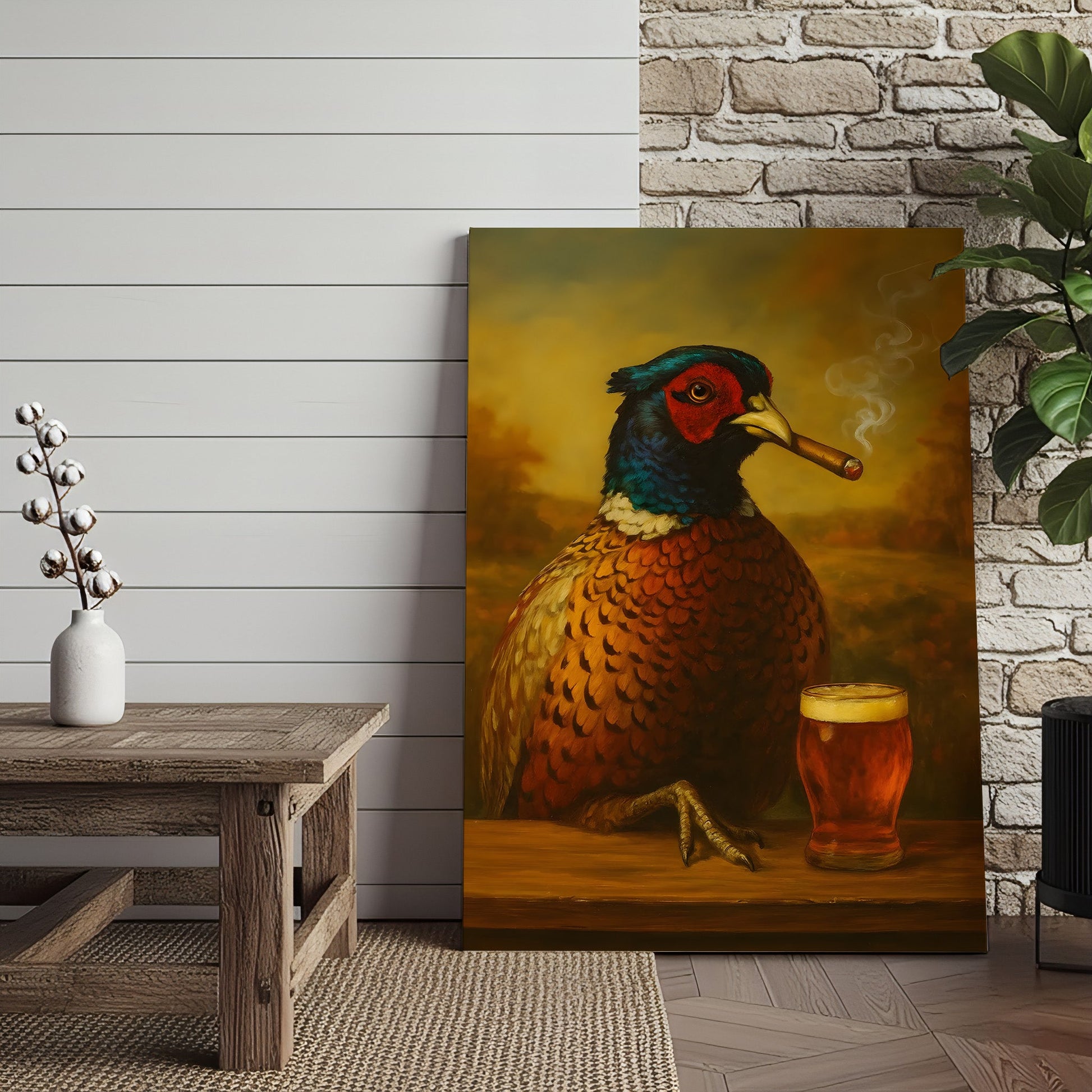 Pheasant With Smoking & Cocktail Glasses Canvas – Hunting Lodge Decor Perfect Gift for Hunters & Cocktail Glasses Lovers