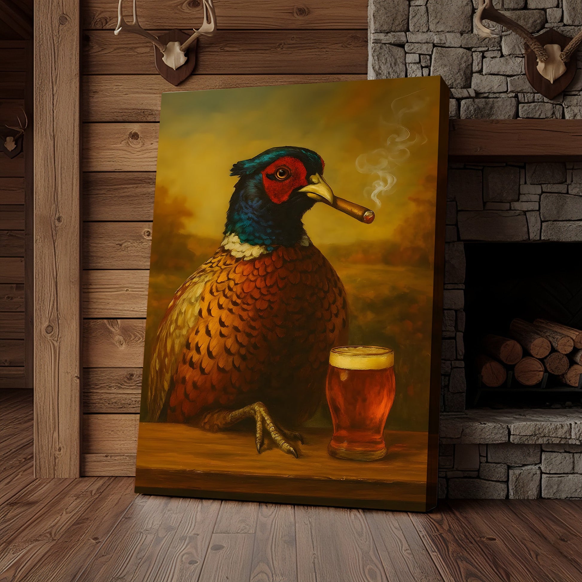 Pheasant With Smoking & Cocktail Glasses Canvas – Hunting Lodge Decor Perfect Gift for Hunters & Cocktail Glasses Lovers