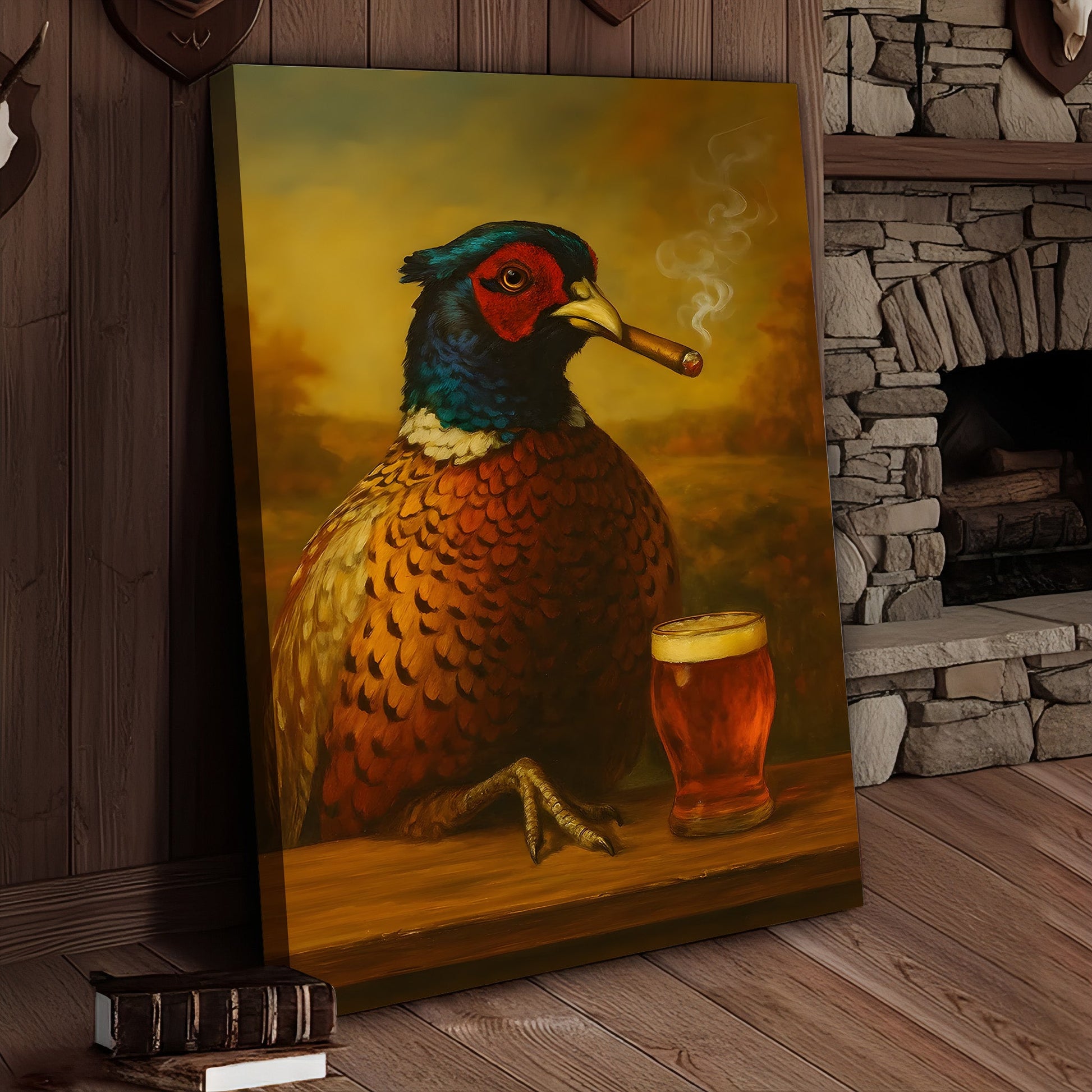 Pheasant With Smoking & Cocktail Glasses Canvas – Hunting Lodge Decor Perfect Gift for Hunters & Cocktail Glasses Lovers