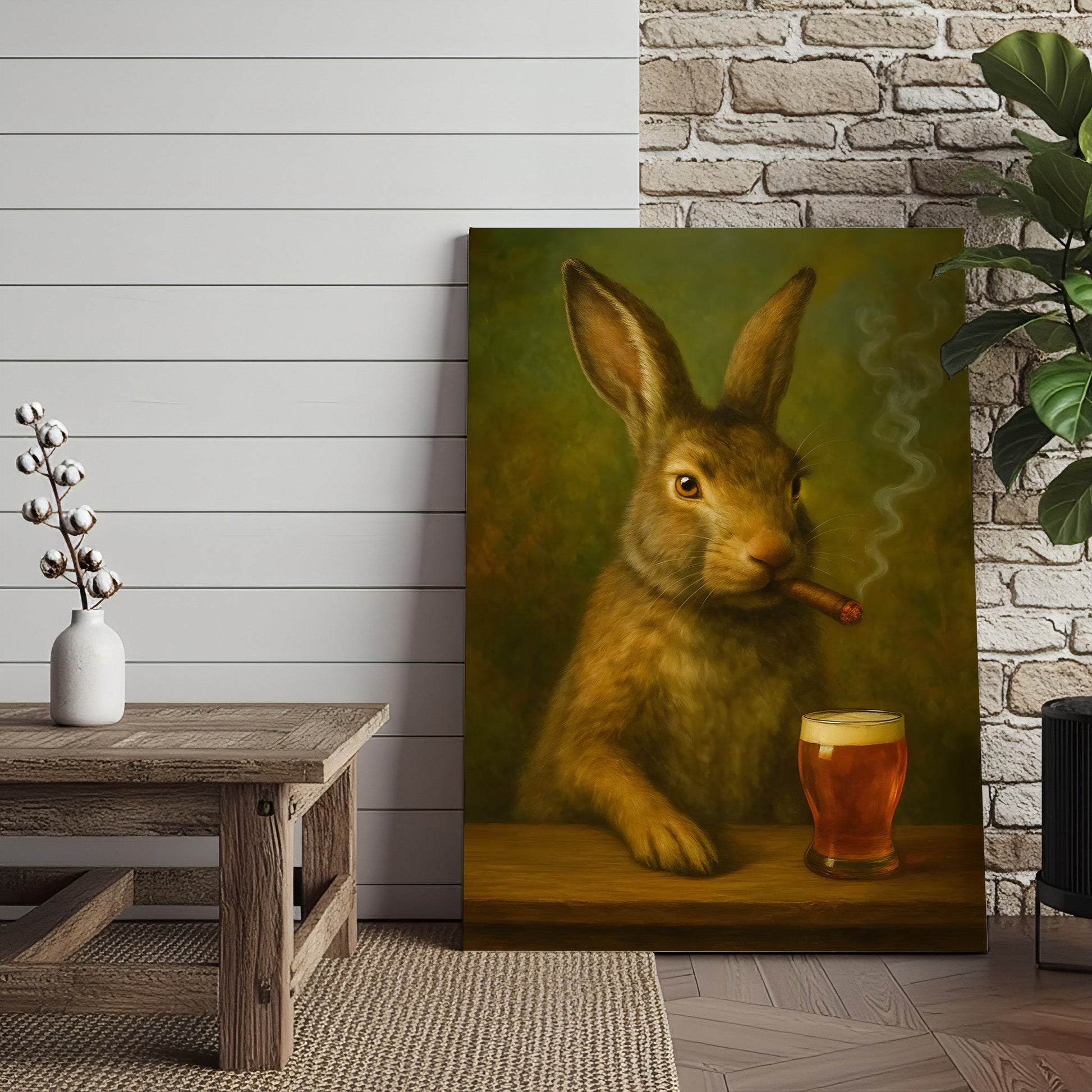 Funny Rabbit Smoking and Drinking Cocktail Glasses Canvas Wall Art – Rustic Cabin Decor
