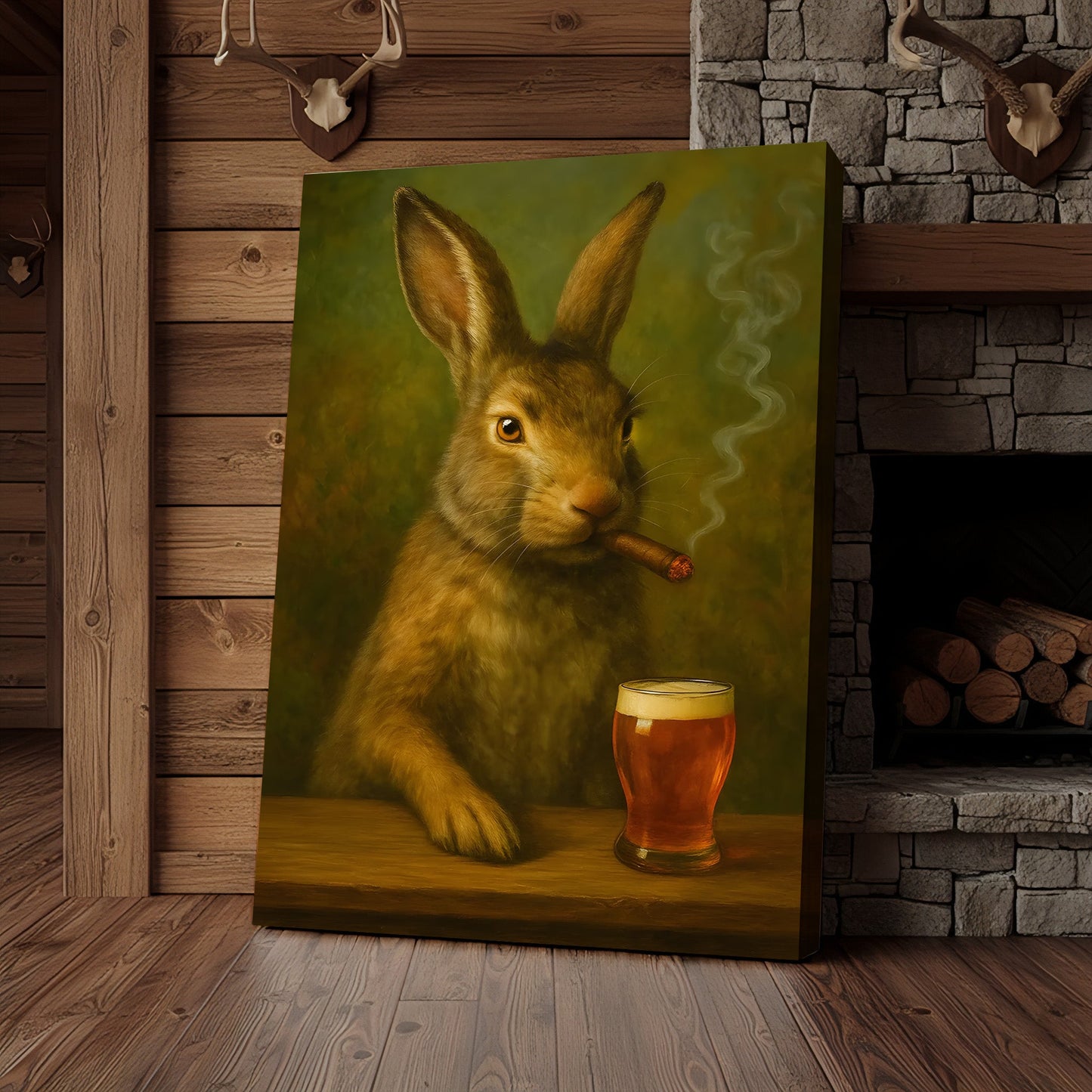 Funny Rabbit Smoking and Drinking Cocktail Glasses Canvas Wall Art – Rustic Cabin Decor