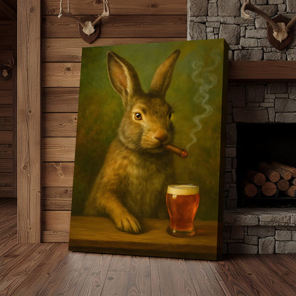 Funny Rabbit Smoking and Drinking Cocktail Glasses Canvas Wall Art – Rustic Cabin Decor