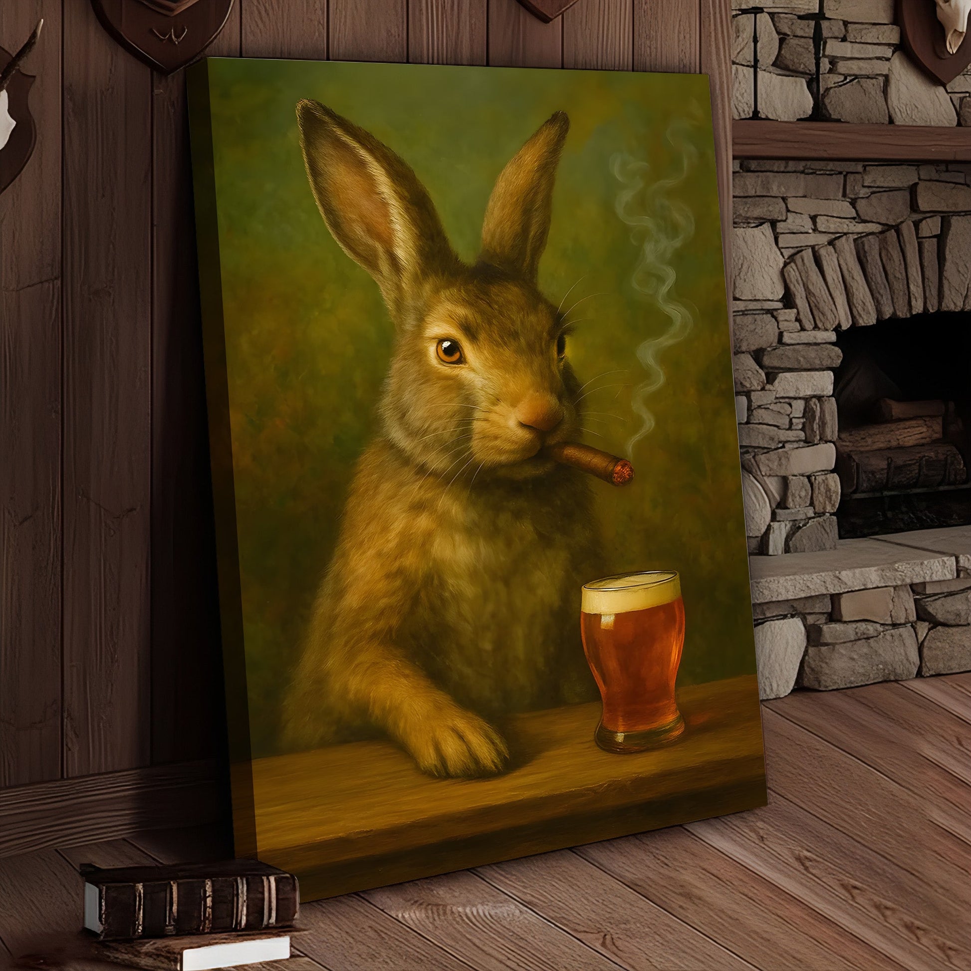Funny Rabbit Smoking and Drinking Cocktail Glasses Canvas Wall Art – Rustic Cabin Decor