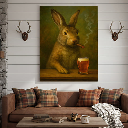 Funny Rabbit Smoking and Drinking Cocktail Glasses Canvas Wall Art – Rustic Cabin Decor