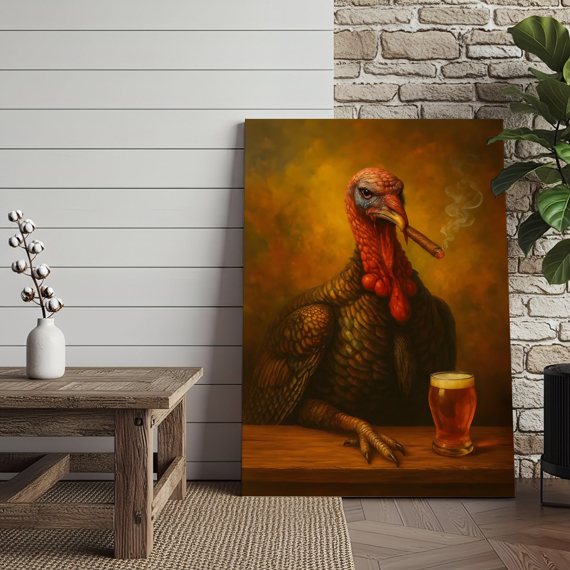 Funny Turkey Drinking Cocktail Glasses and Smoking Canvas – Rustic Farmhouse Wall Art