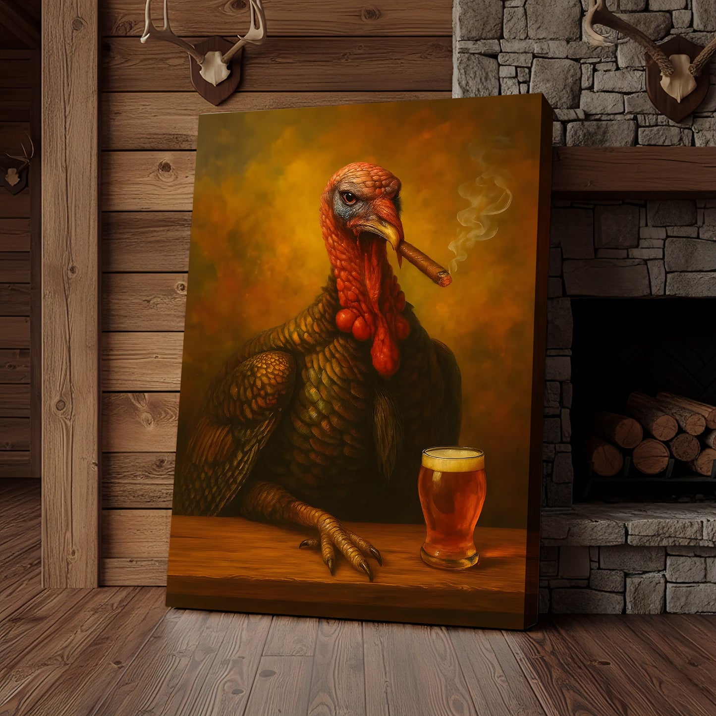 Funny Turkey Drinking Cocktail Glasses and Smoking Canvas – Rustic Farmhouse Wall Art