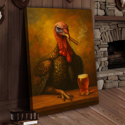 Funny Turkey Drinking Cocktail Glasses and Smoking Canvas – Rustic Farmhouse Wall Art