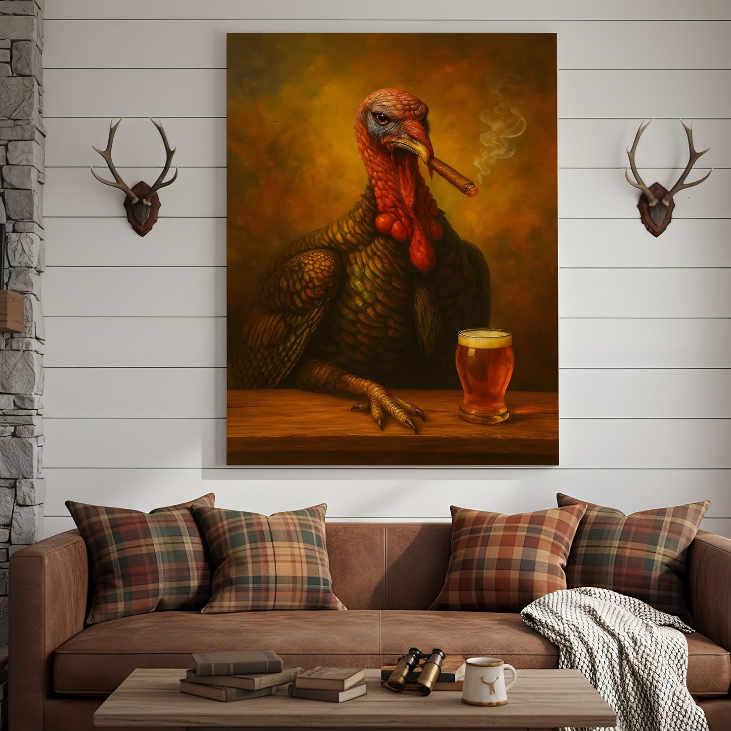 Funny Turkey Drinking Cocktail Glasses and Smoking Canvas – Rustic Farmhouse Wall Art