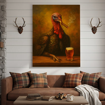 Funny Turkey Drinking Cocktail Glasses and Smoking Canvas – Rustic Farmhouse Wall Art