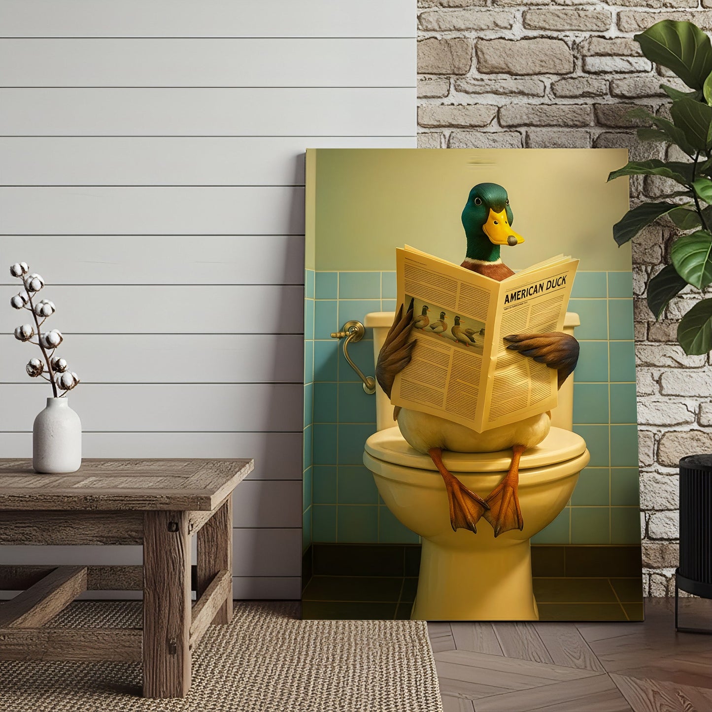 Funny Duck Bathroom Wall Art Canvas – Mallard Reading Newspaper Canvas Decor