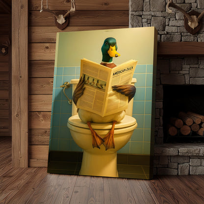 Funny Duck Bathroom Wall Art Canvas – Mallard Reading Newspaper Canvas Decor
