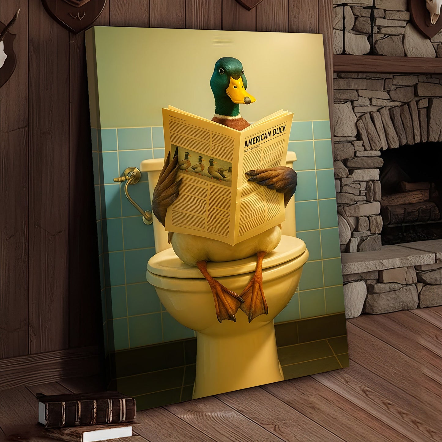 Funny Duck Bathroom Wall Art Canvas – Mallard Reading Newspaper Canvas Decor