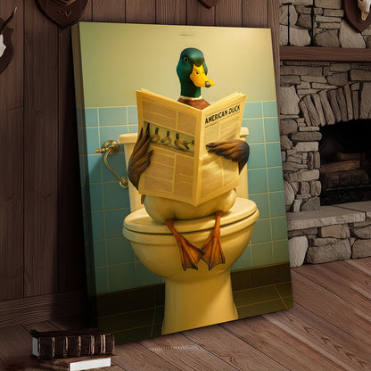 Funny Duck Bathroom Wall Art Canvas – Mallard Reading Newspaper Canvas Decor