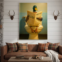 Funny Duck Bathroom Wall Art Canvas – Mallard Reading Newspaper Canvas Decor