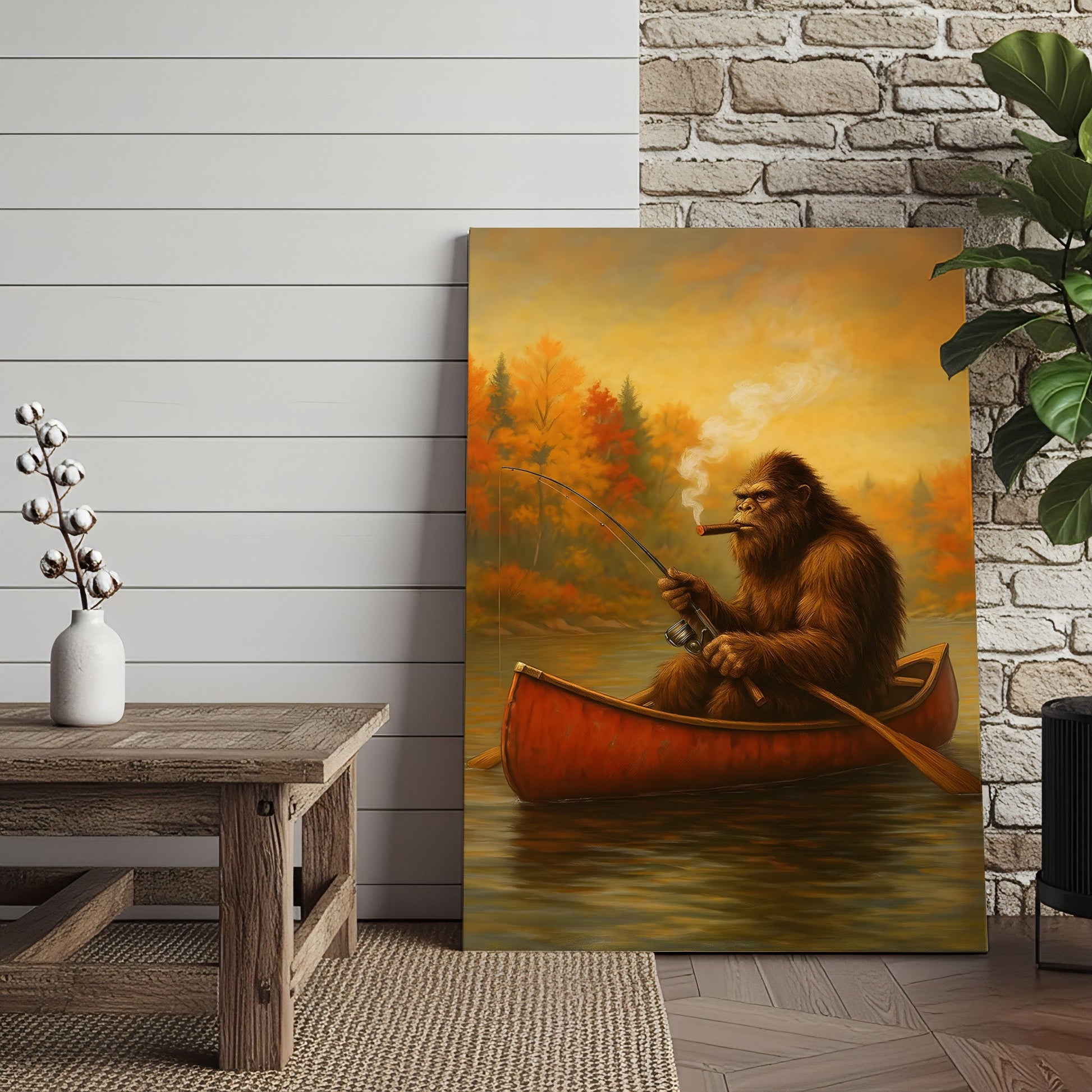 Bigfoot Fishing Canvas Wall Art – Rustic Lodge & Man Cave Decor