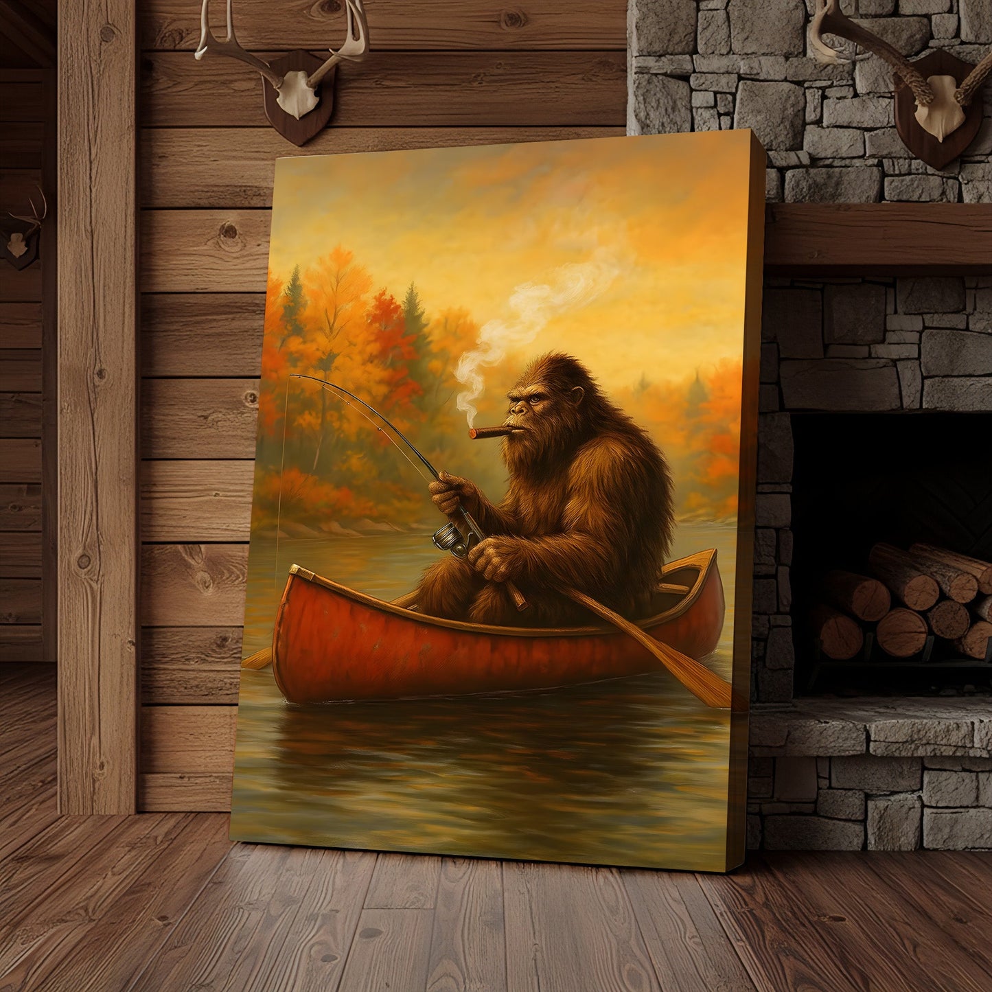 Bigfoot Fishing Canvas Wall Art – Rustic Lodge & Man Cave Decor