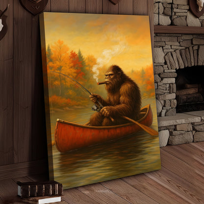 Bigfoot Fishing Canvas Wall Art – Rustic Lodge & Man Cave Decor