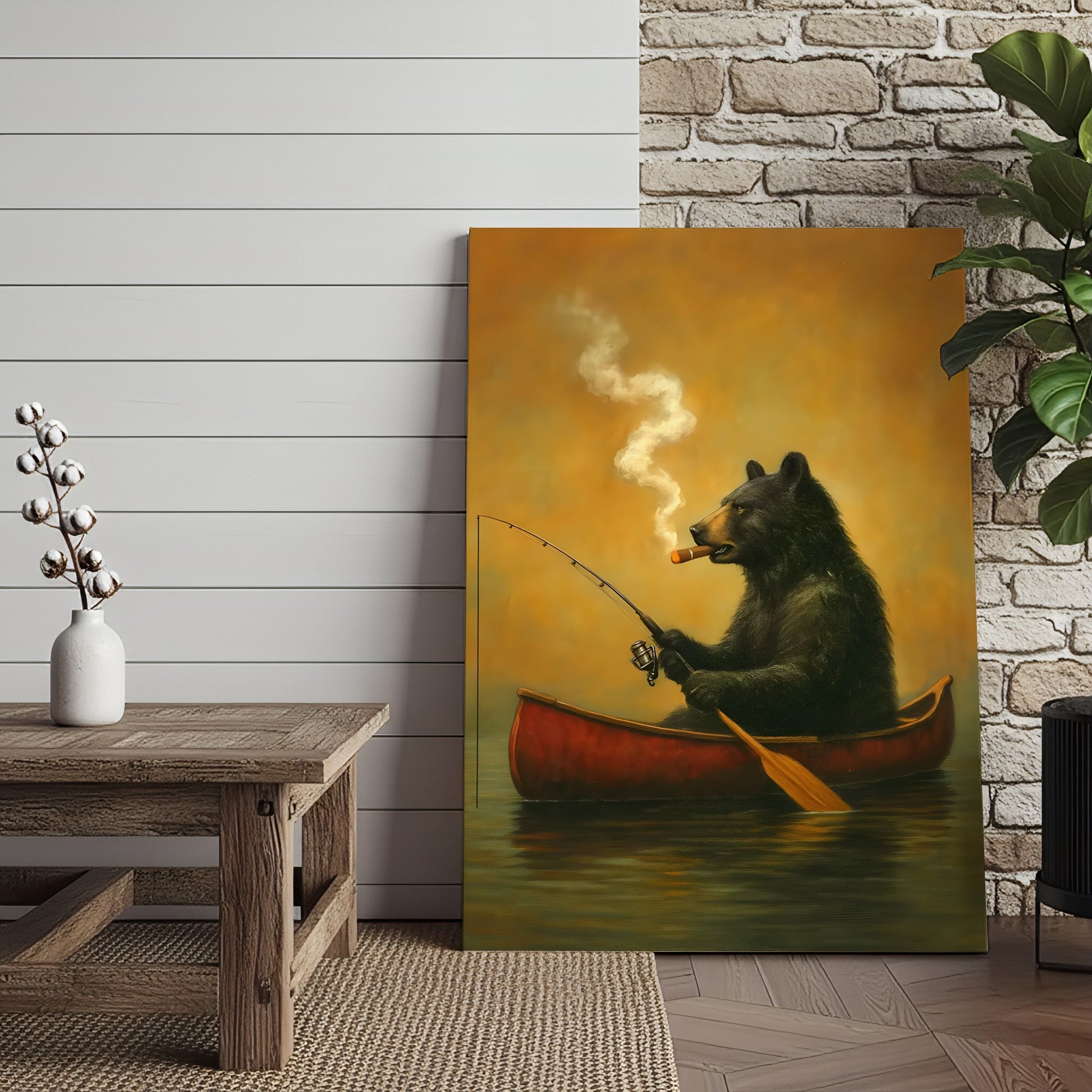 Bear Smoking Fishing Canvas, Funny Lodge Wall Art, Canoe Fishing Rustic Cabin Wall Art