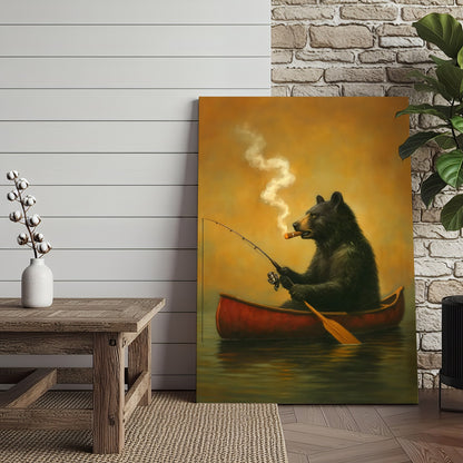 Bear Smoking Fishing Canvas, Funny Lodge Wall Art, Canoe Fishing Rustic Cabin Wall Art