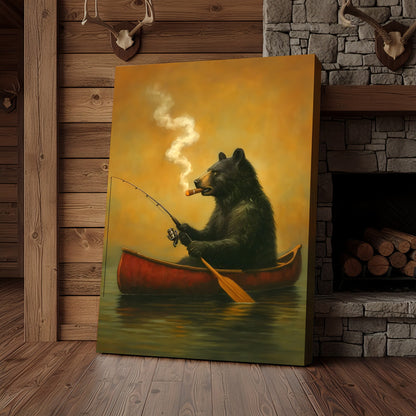 Bear Smoking Fishing Canvas, Funny Lodge Wall Art, Canoe Fishing Rustic Cabin Wall Art