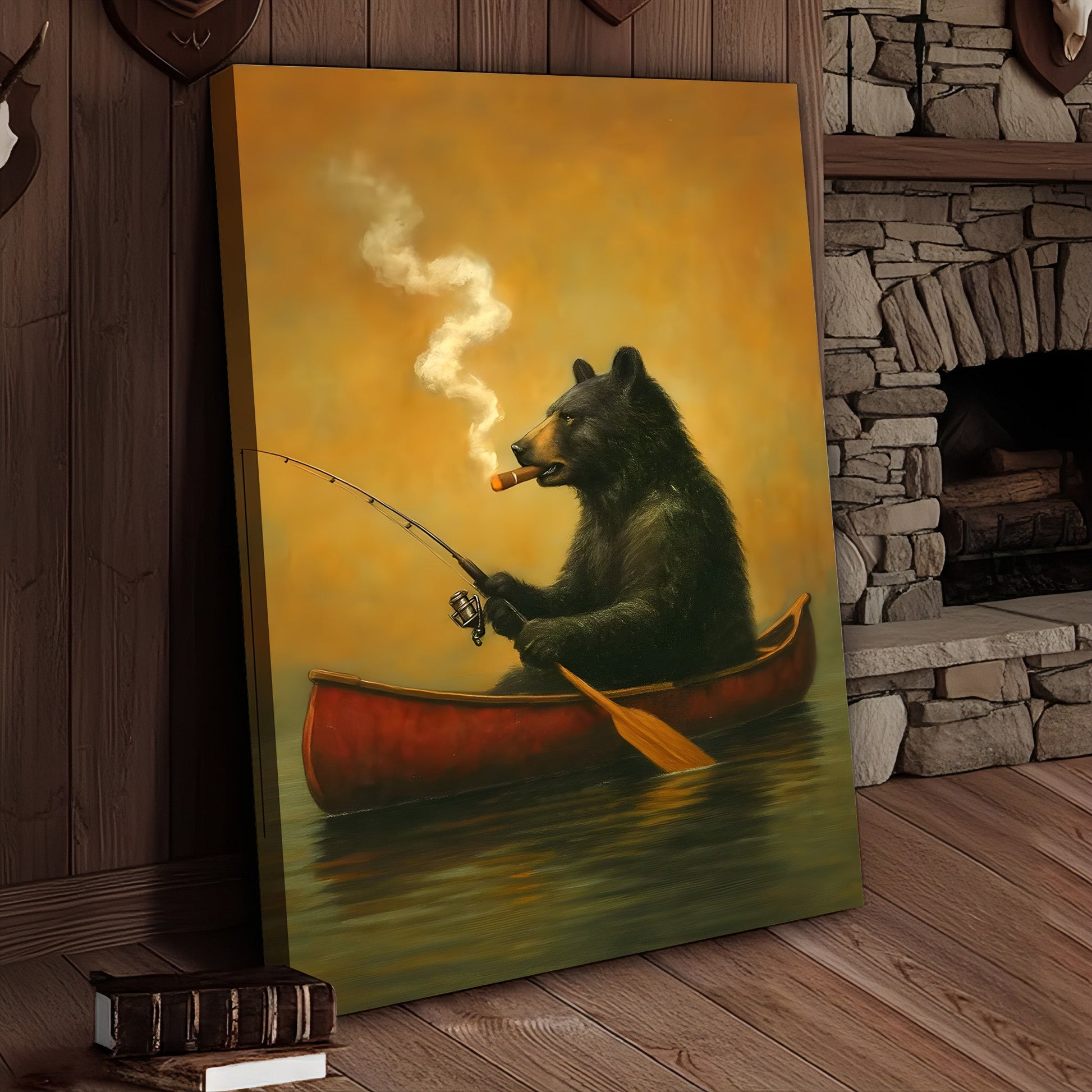 Bear Smoking Fishing Canvas, Funny Lodge Wall Art, Canoe Fishing Rustic Cabin Wall Art
