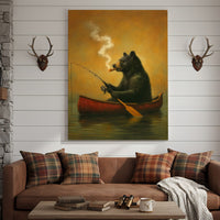 Bear Smoking Fishing Canvas, Funny Lodge Wall Art, Canoe Fishing Rustic Cabin Wall Art