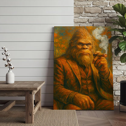 Bigfoot Smoking Canvas, Sasquatch Wall Art Print for Man Cave, Rustic Cabin & Smoking Lounge