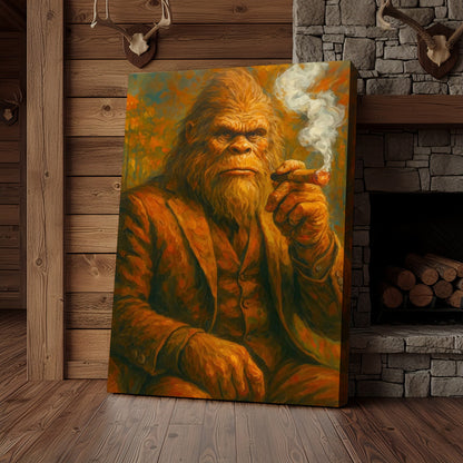 Bigfoot Smoking Canvas, Sasquatch Wall Art Print for Man Cave, Rustic Cabin & Smoking Lounge