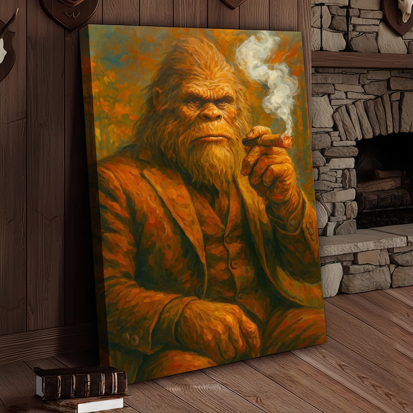 Bigfoot Smoking Canvas, Sasquatch Wall Art Print for Man Cave, Rustic Cabin & Smoking Lounge
