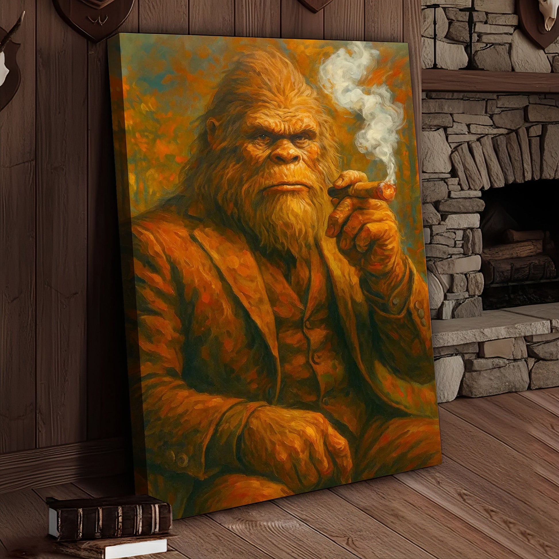Bigfoot Smoking Canvas, Sasquatch Wall Art Print for Man Cave, Rustic Cabin & Smoking Lounge