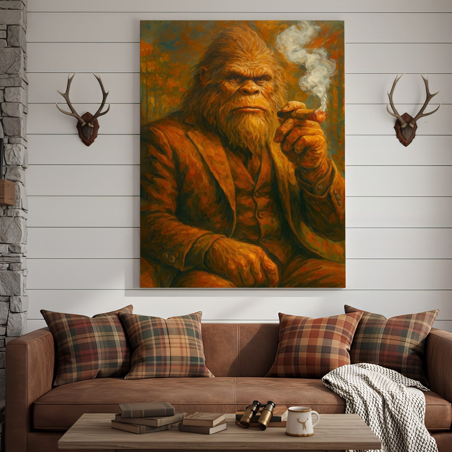 Bigfoot Smoking Canvas, Sasquatch Wall Art Print for Man Cave, Rustic Cabin & Smoking Lounge