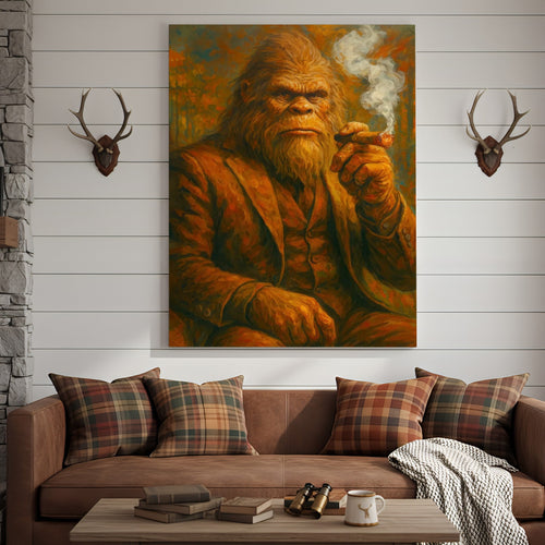 Bigfoot Smoking Canvas, Sasquatch Wall Art Print for Man Cave, Rustic Cabin & Smoking Lounge