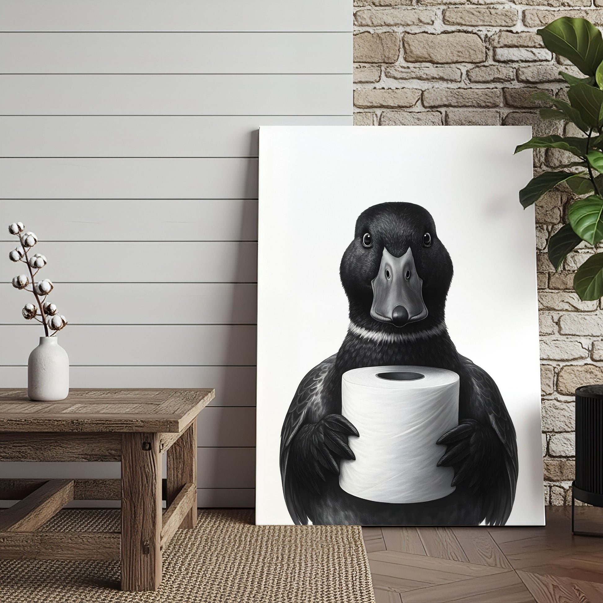 Mallard Duck Canvas Wall Art, Funny Animal Portrait Holding Toilet Paper, Black and White Bathroom Decor Print