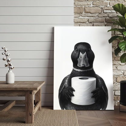 Mallard Duck Canvas Wall Art, Funny Animal Portrait Holding Toilet Paper, Black and White Bathroom Decor Print