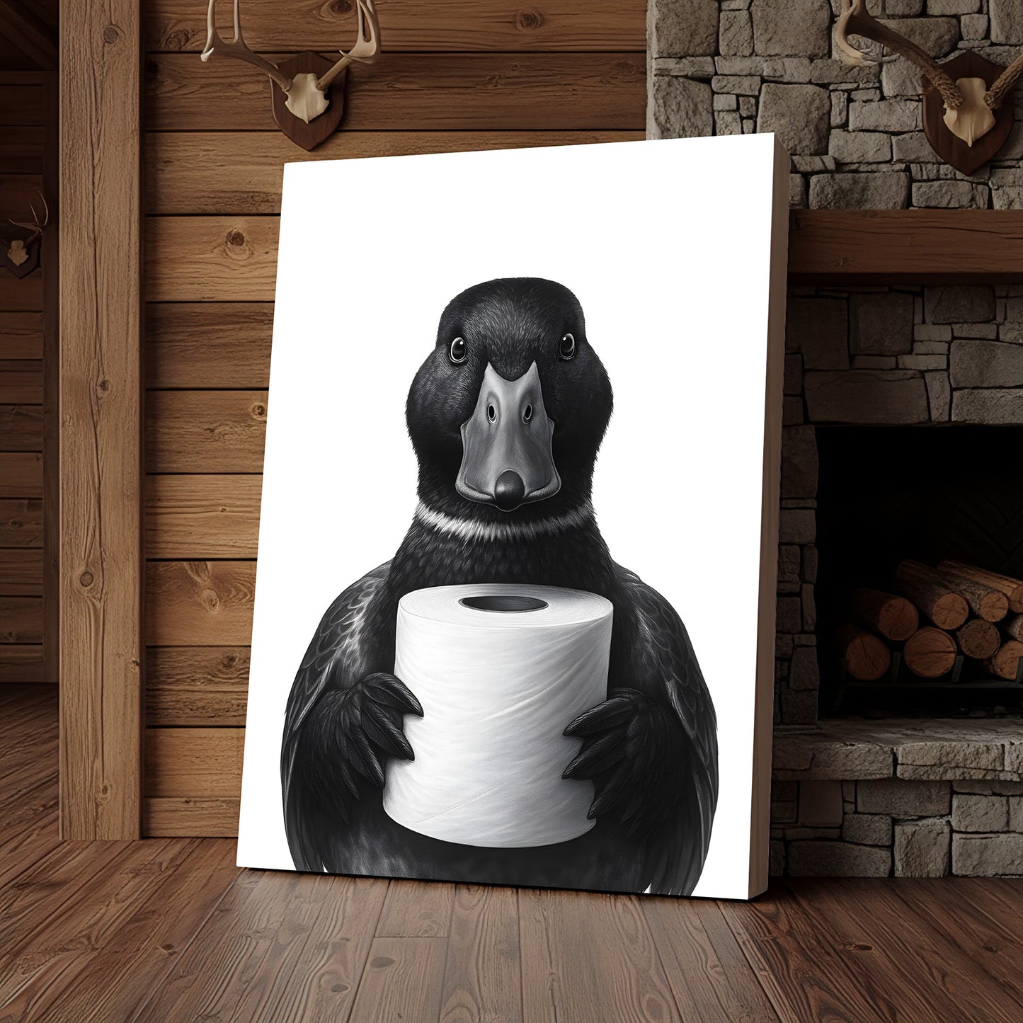 Mallard Duck Canvas Wall Art, Funny Animal Portrait Holding Toilet Paper, Black and White Bathroom Decor Print