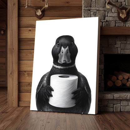 Mallard Duck Canvas Wall Art, Funny Animal Portrait Holding Toilet Paper, Black and White Bathroom Decor Print