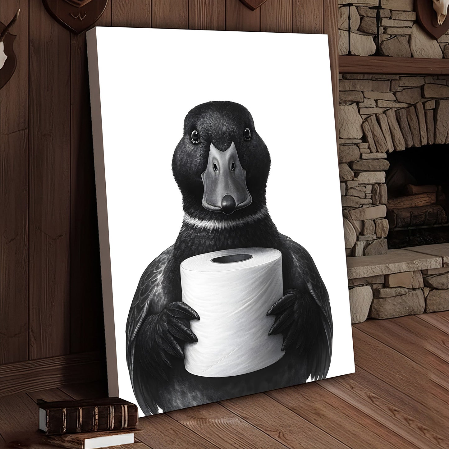 Mallard Duck Canvas Wall Art, Funny Animal Portrait Holding Toilet Paper, Black and White Bathroom Decor Print
