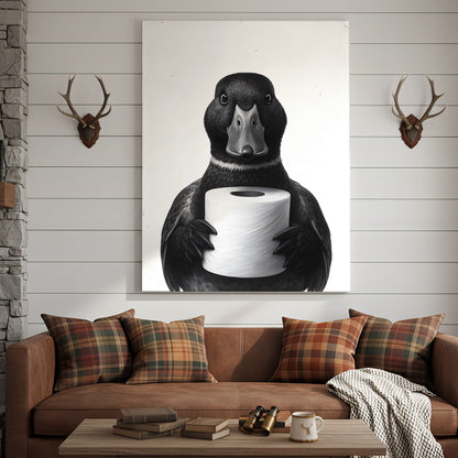 Mallard Duck Canvas Wall Art, Funny Animal Portrait Holding Toilet Paper, Black and White Bathroom Decor Print