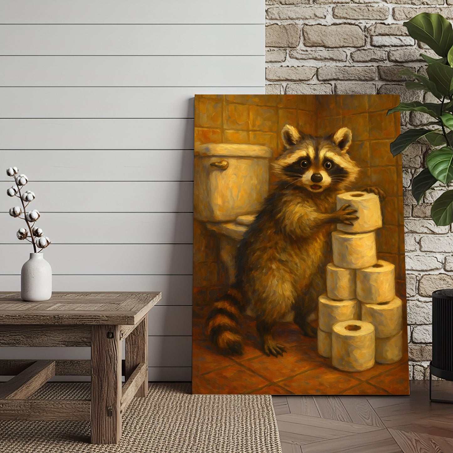 Funny Raccoon Canvas Wall Art – Cute Animal Bathroom Decor with Toilet Paper for Rustic Cabin & Home