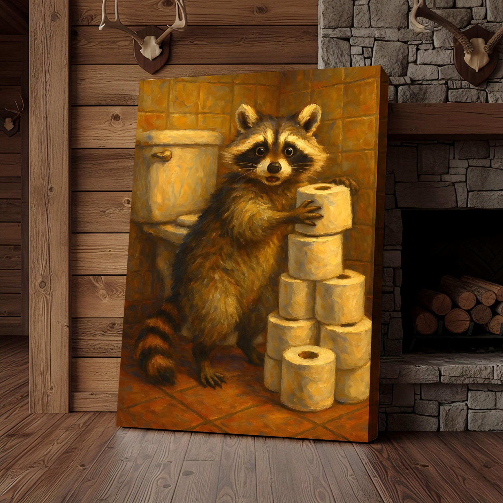 Funny Raccoon Canvas Wall Art – Cute Animal Bathroom Decor with Toilet Paper for Rustic Cabin & Home