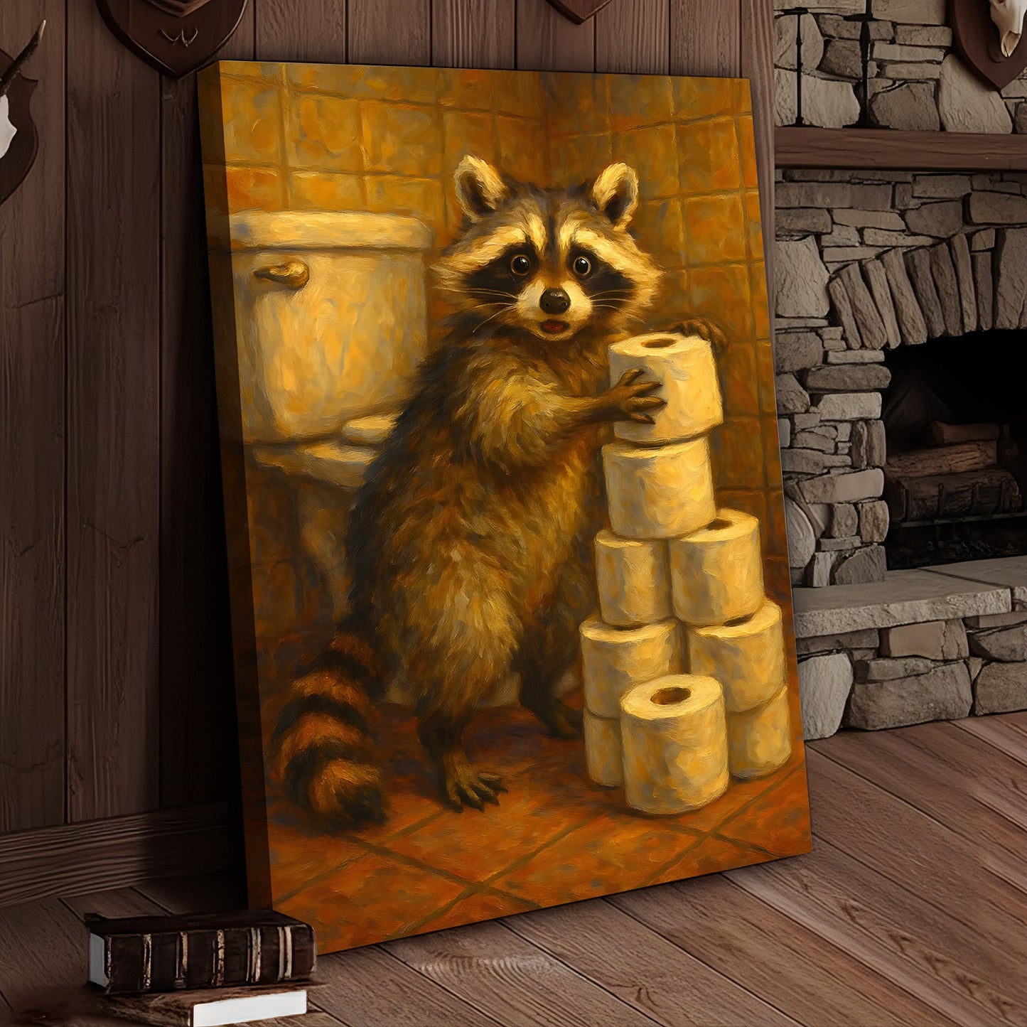 Funny Raccoon Canvas Wall Art – Cute Animal Bathroom Decor with Toilet Paper for Rustic Cabin & Home
