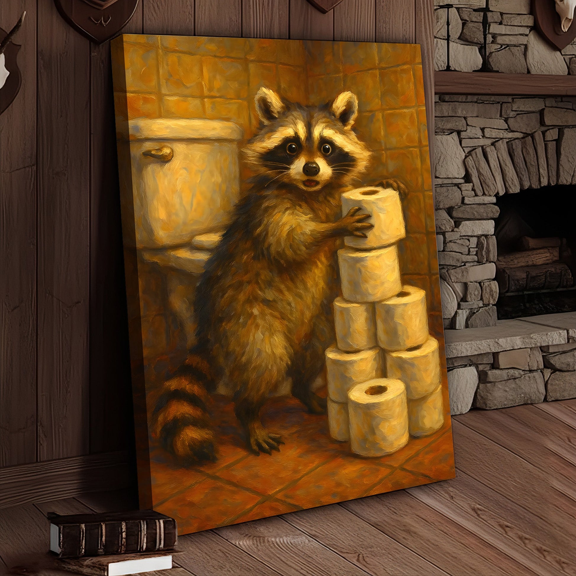 Funny Raccoon Canvas Wall Art – Cute Animal Bathroom Decor with Toilet Paper for Rustic Cabin & Home
