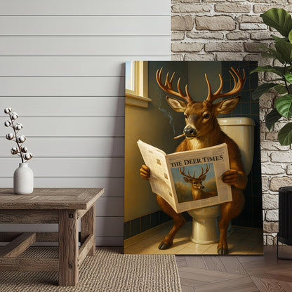 Funny Deer Canvas Wall Art – Buck Reading Newspaper on Toilet – Whitetail Deer Bathroom Humor Hunting Lodge Decor