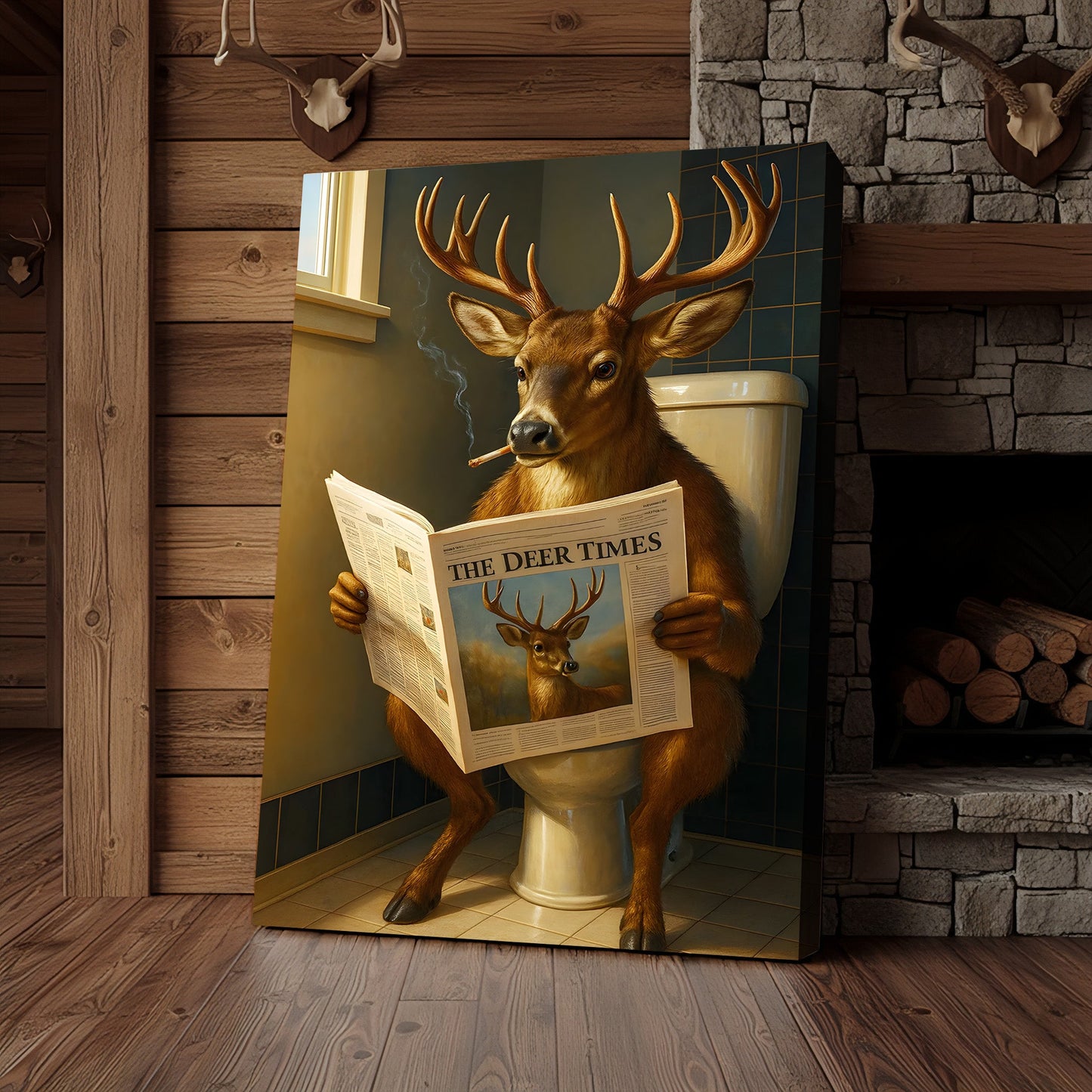 Funny Deer Canvas Wall Art – Buck Reading Newspaper on Toilet – Whitetail Deer Bathroom Humor Hunting Lodge Decor