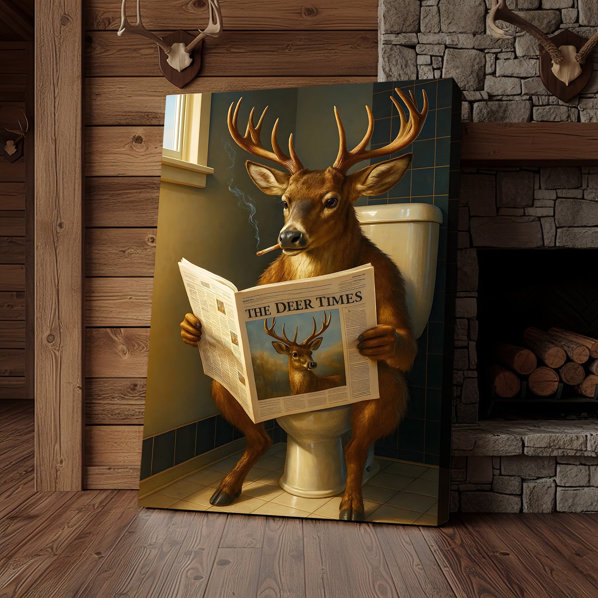Funny Deer Canvas Wall Art – Buck Reading Newspaper on Toilet – Whitetail Deer Bathroom Humor Hunting Lodge Decor