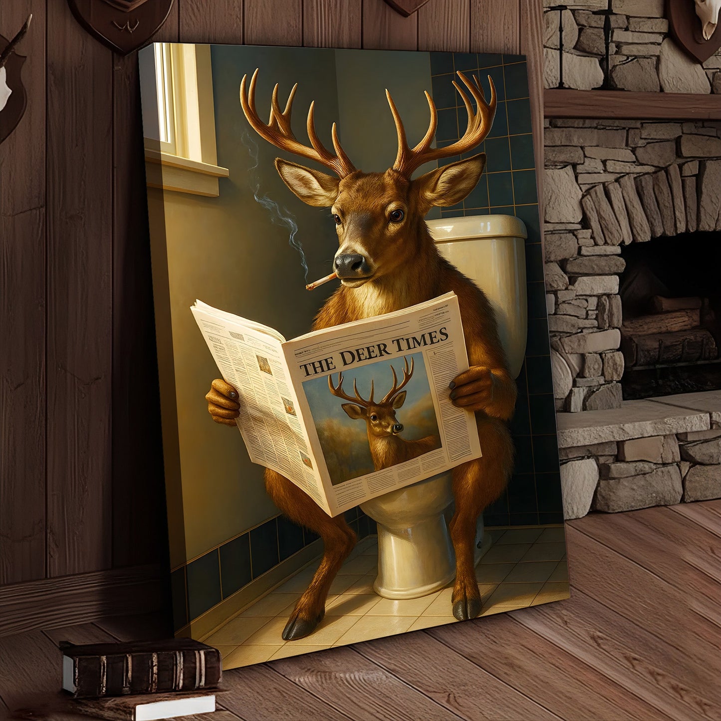 Funny Deer Canvas Wall Art – Buck Reading Newspaper on Toilet – Whitetail Deer Bathroom Humor Hunting Lodge Decor