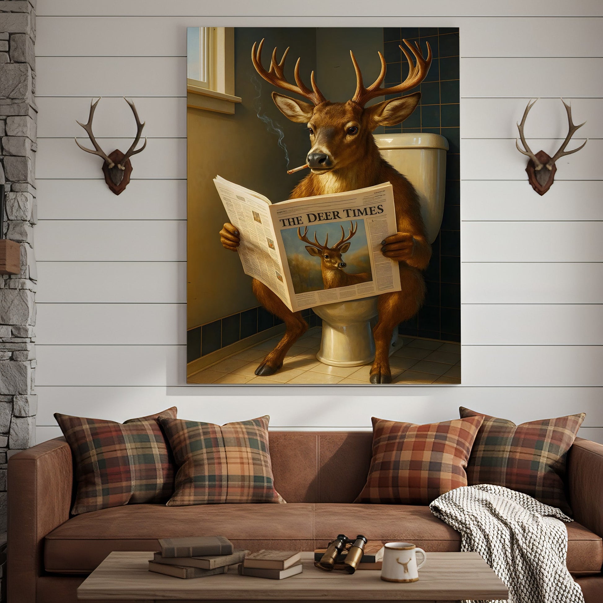 Funny Deer Canvas Wall Art – Buck Reading Newspaper on Toilet – Whitetail Deer Bathroom Humor Hunting Lodge Decor